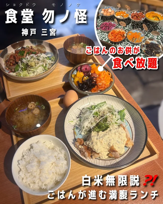 他の投稿はこちら ▷▶▷ @sqe_food_611k
＼関西(神戸多め)中心に、全国のお気に入りグルメ発信中／
気になるお店があったら「保存」「フォロー」をポチッ👆🏻

.˚⊹⁺‧┈┈┈┈┈┈┈┈┈┈┈┈┈┈┈┈‧⁺ ⊹˚.

🔻食堂 勿ノ怪
📍兵庫県神戸市中央区加納町4-2-1 
⠀⠀EKIZO神戸三宮 1F 海側ゾーン
🚶🏻各線三宮駅より1~5分
☎078-334-7077
📋予約可
⏰11:00~23:30
🚬全席禁煙
👛☀︎¥1,000~¥1,999/︎︎☾¥2,000~¥2,999
💟 @shokudo_mononoke 

.˚⊹⁺‧┈┈┈┈┈┈┈┈┈┈┈┈┈┈┈┈‧⁺ ⊹˚.

とある日のランチ🍽
前から気になってた食堂 勿ノ怪( @shokudo_mononoke )
ここのランチの最大の魅力は…
“ごはんのお供”がビュッフェ形式で食べ放題🍚

ランチタイムはメインにサラダ、ごはん、味噌汁が
ついてるんだけど、そこに"ごはんのお供"と
"温かいお茶"のビュッフがセットになってる！

漬物、梅干し、キムチ、生卵などの
白米との相性抜群な精鋭メンバーがラインナップ🔥
ビュッフスタイルだから好きなものを好きなだけ
食べられるのが嬉しい🙌🏻

もうこれはたっくさん食べないと…と、
1杯目は白米にお供をたっぷりのせて、
2杯目は贅沢2個使いの卵かけご飯で、
3杯目は昆布茶をかけてお茶漬けスタイルで。
勝手にいろいろアレンジを楽しみながら
3杯も食べちゃいました🫣（笑）

めちゃくちゃ満足度が高いランチだった～❣️
お米好きな方、是非行ってみて～😋

🎯ポイント
・ランチは定食に"ごはんのお供"のビュッフ付き
・ごはん、お味噌汁もお代わり無料。
・アレンジ次第で白米無限🍚説‼️

✳️ #サエグルメ_兵庫

#勿ノ怪 #白米 #ごはんのお供 #食べ放題 #ビュッフェ 
#神戸グルメ #三宮グルメ #神戸ランチ #三宮ランチ
#グルメ女子 #グルメ部 #歩く食べログ #神戸女子 #神戸観光
#foodstagram #gourmet #instafood #foodblogger